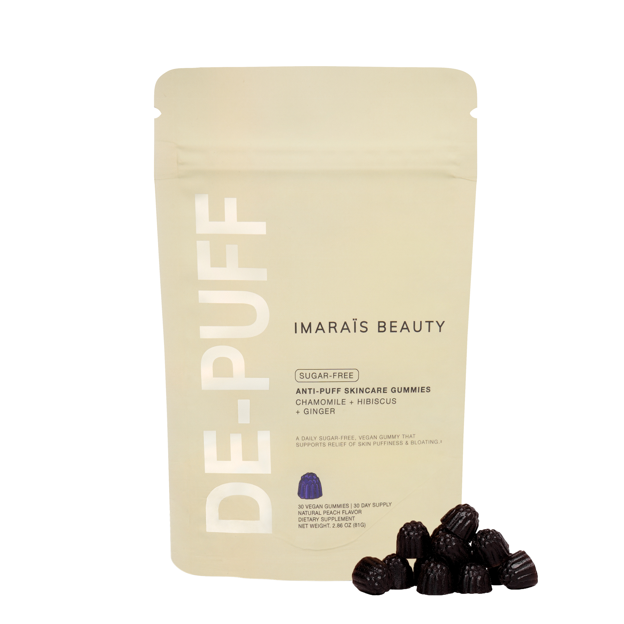 Imarais Beauty DE-PUFF Skincare Gummies pouch with dark purple gummies placed in front. Features chamomile, hibiscus, and ginger for reducing skin puffiness and bloating.