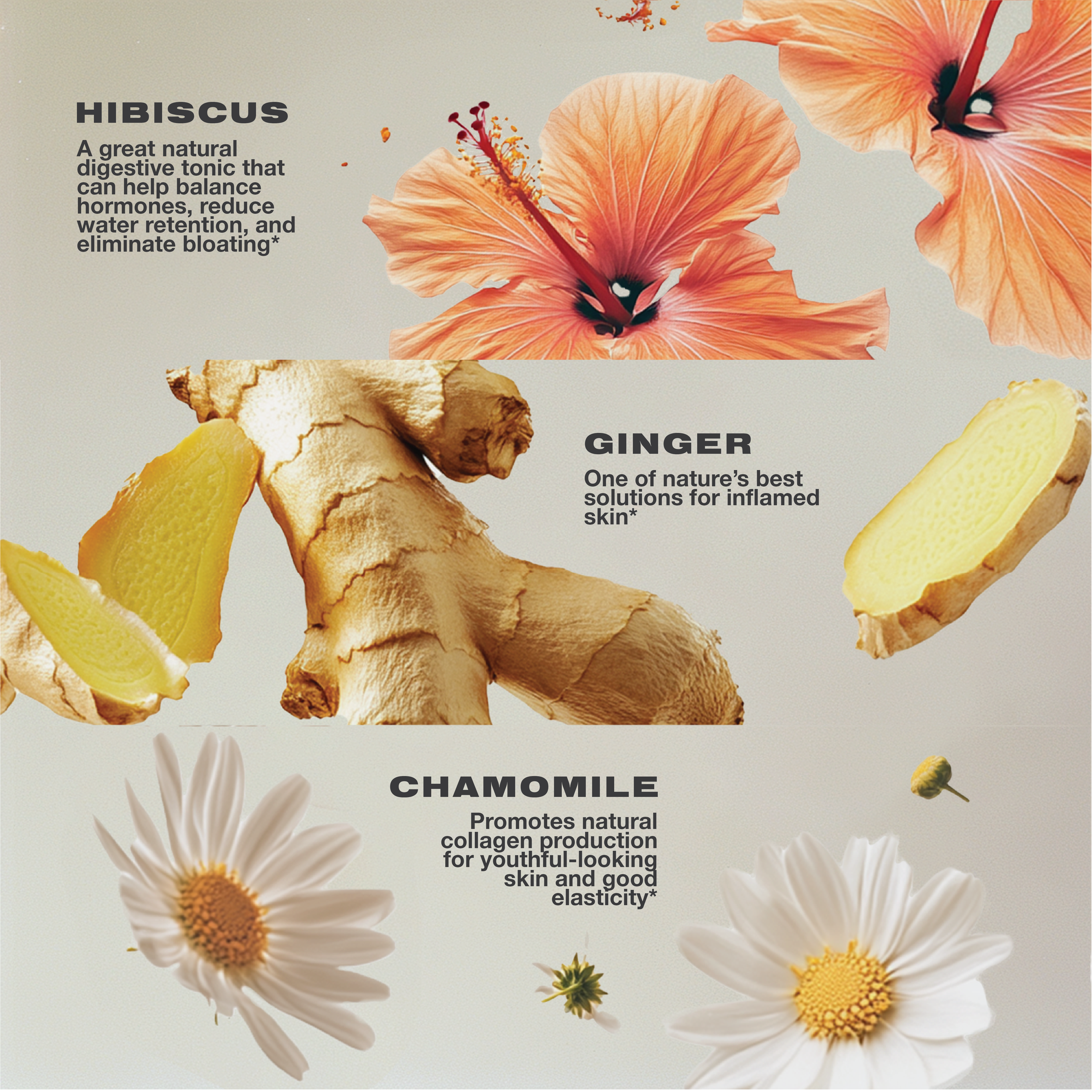 Highlighted ingredients from Imarais DE-PUFF gummies: hibiscus flowers to balance hormones and reduce bloating, ginger root for inflamed skin, and chamomile flowers to support collagen production and skin elasticity. Each ingredient is paired with text explaining its skincare benefits.