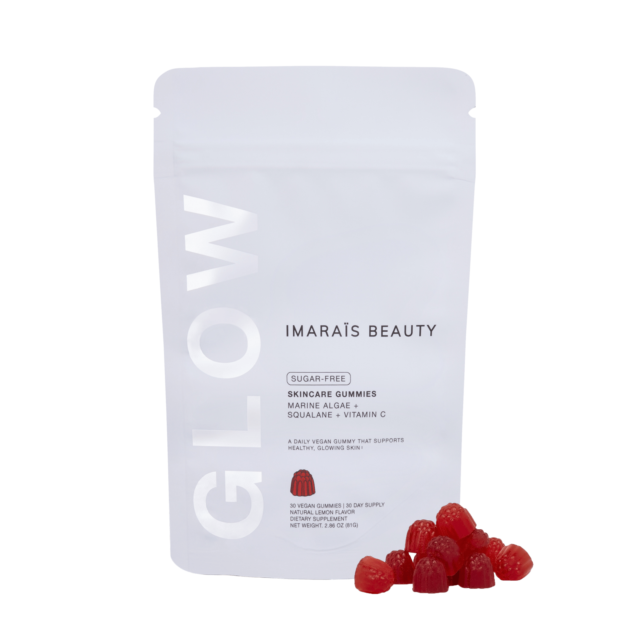 Imarais Beauty Glow Skincare Gummies pouch with red vegan gummies displayed in front. Features ingredients like marine algae, squalane, and vitamin C for healthy, glowing skin.
