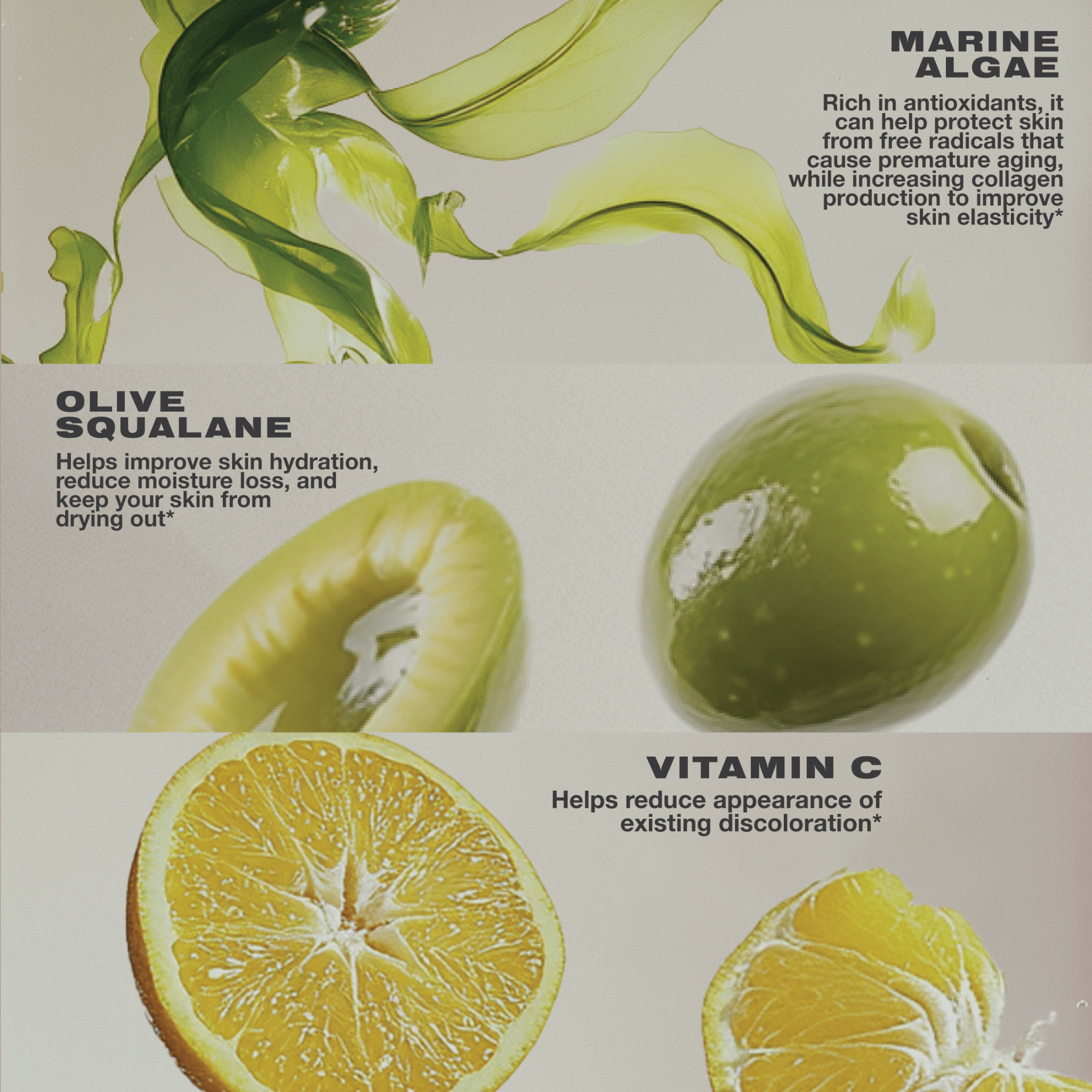 Visual breakdown of Glow gummy ingredients: Marine algae shown with green ribbons and antioxidant benefits for skin elasticity, olive squalane improving skin hydration, and vitamin C reducing discoloration—all with corresponding visuals of algae, olives, and citrus.