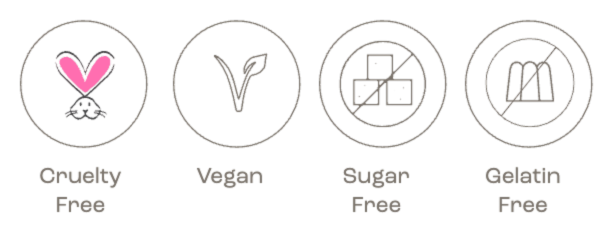 Icons highlighting that IMARAÏS BEAUTY GLOW gummies are cruelty free, vegan, sugar free, and gelatin free.