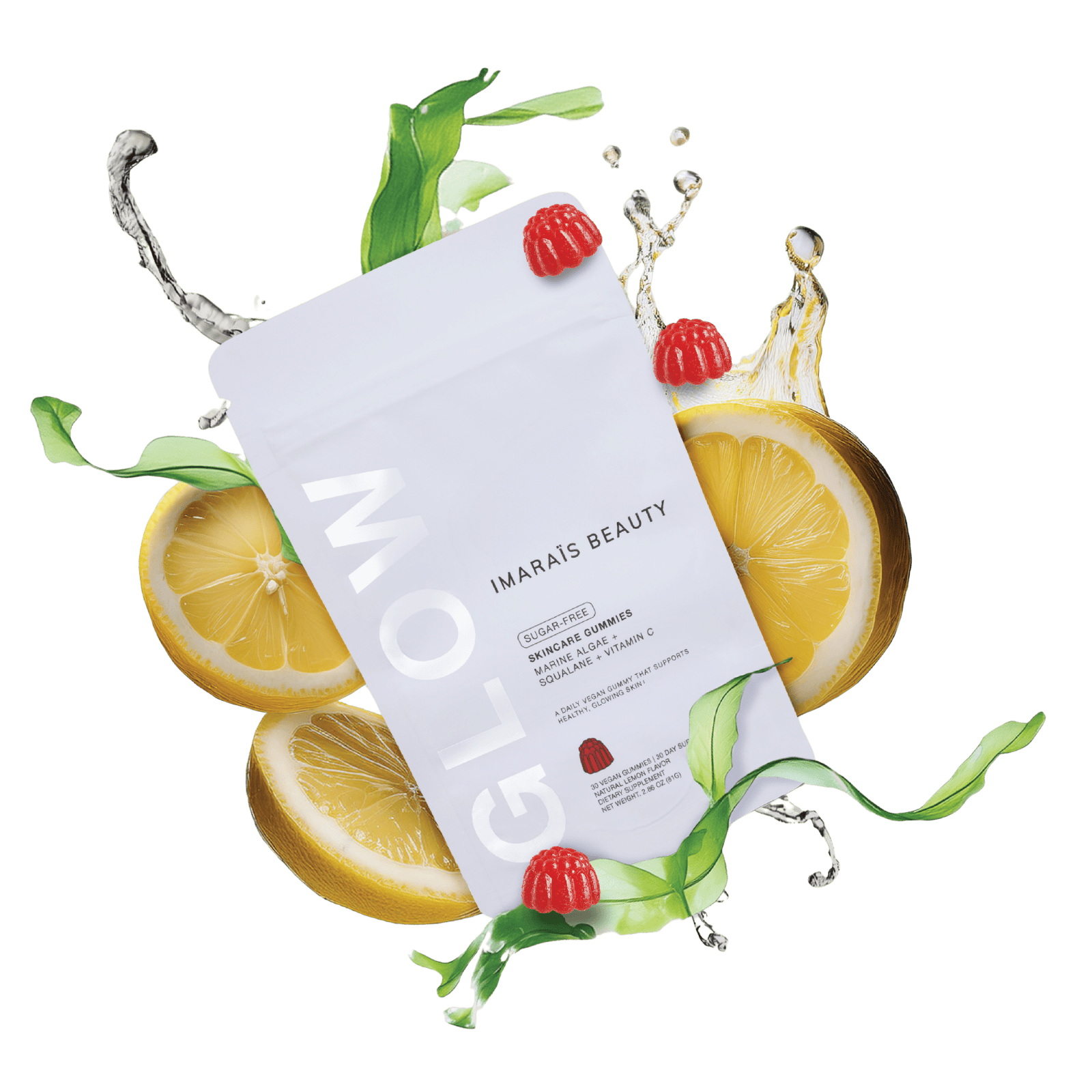 IMARAÏS BEAUTY GLOW skincare gummies pouch surrounded by fresh lemon slices, raspberries, green marine algae, and a splash of water, highlighting clean and vibrant beauty ingredients.