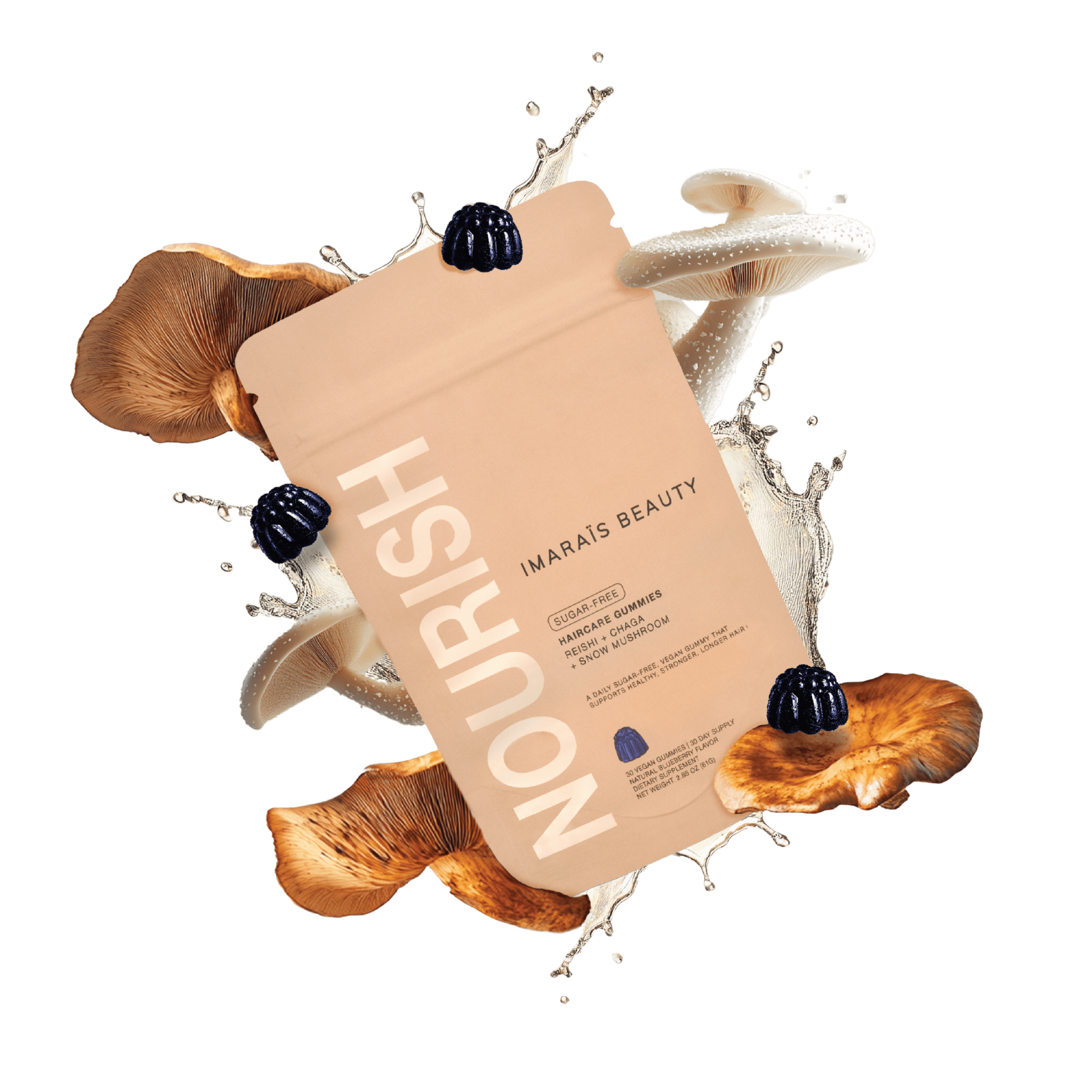 IMARAÏS BEAUTY NOURISH skincare gummies pouch surrounded by functional mushrooms, dark berries, and creamy liquid splashes, emphasizing adaptogenic beauty ingredients and holistic wellness.